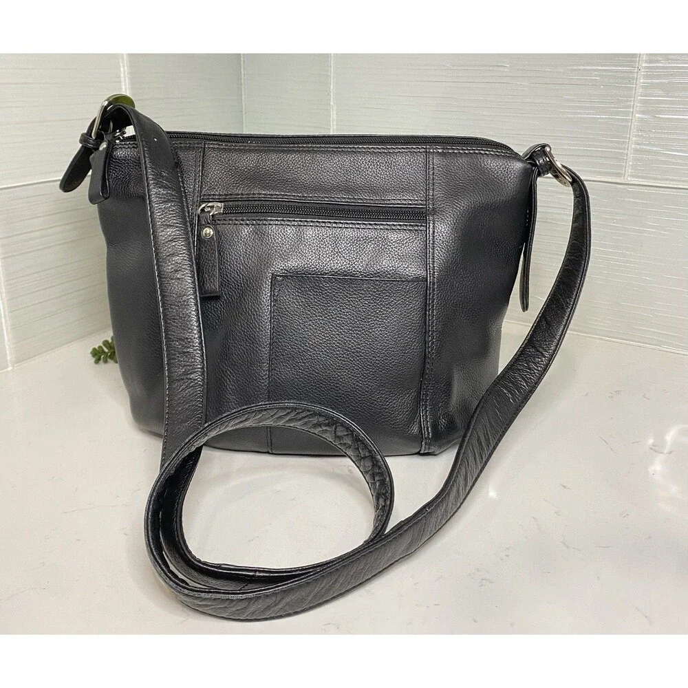 ili New York Black Pebbled Leather Crossbody Bag Travel Purse Multi Pocket